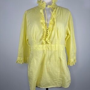 Stetson Women's 100% Cotton Yellow Blouse 3/4 Sleeves Rushed Size L Size Zip
